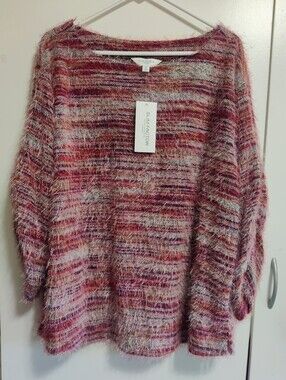 Slim Factor Pink/Cream Multi-Stripe Fuzzy Knit Sweater